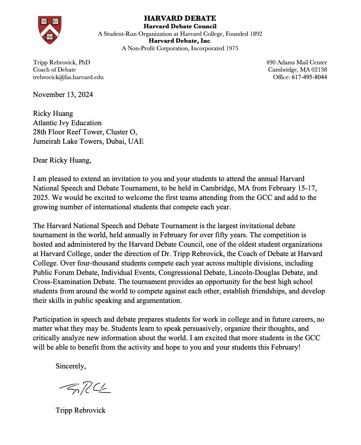 Harvard Debate Council Invitation Letter